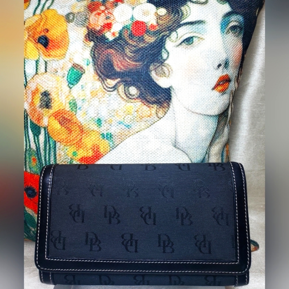 Vintage Dooney & Bourke Black Monogram Canvas and Leather Trifold Wallet, EUC